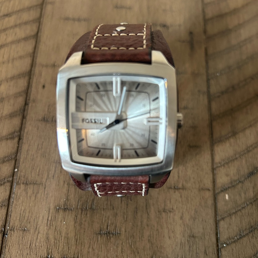Fossil Silver Square Watch with Brown Leather Strap